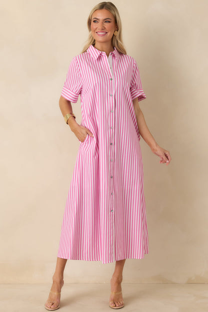 Pretty in Pinstripes Pink Cotton Stripe Button Front Maxi Shirt Dress