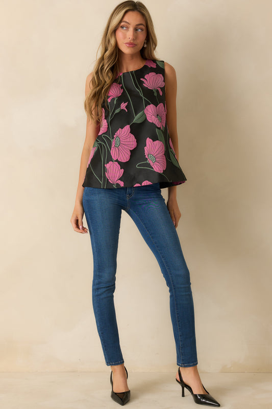 Floral Agenda Black Multi Floral Jacquard Sleeveless Top