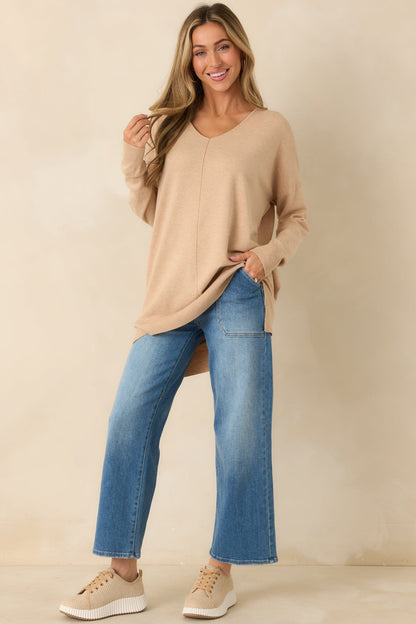 Wind Down Light Taupe Knit Long Sleeve V-Neck Sweater