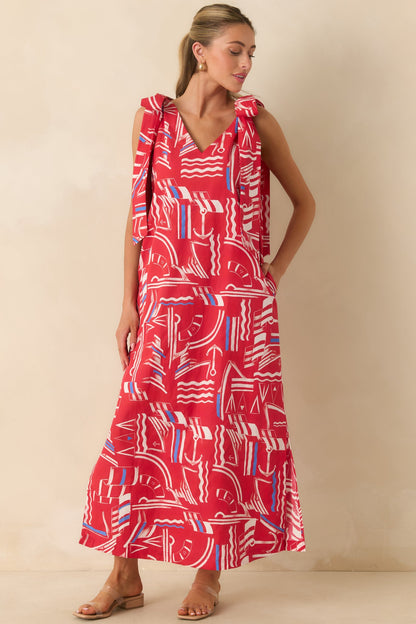 Prosperina Arden Red Multi Yacht Club Cotton Maxi Dress