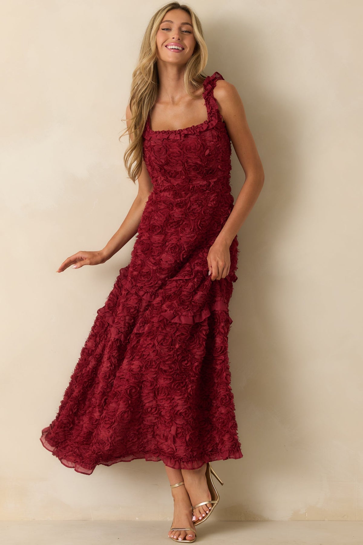 Something Good Wine Red Floral Applique Maxi Dress