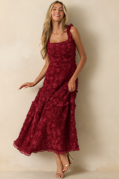 Something Good Wine Red Floral Applique Maxi Dress