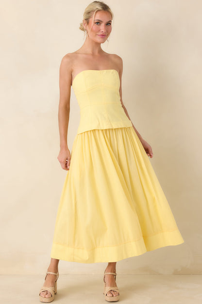 You Already Know Yellow Cotton Bustier Bodice Strapless Midi Dress