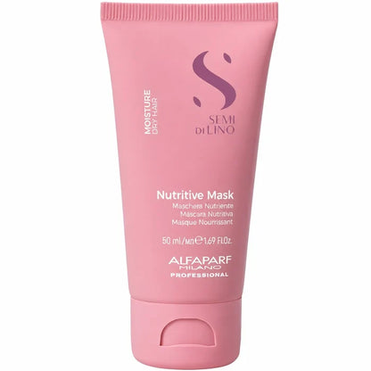 Alfaparf Milano Semi Di Lino Moisture Nutritive Mask 50ml in a pink tube, displayed on a clean white background. Professional deep conditioning hair mask that hydrates, nourishes and restores softness to dry, dehydrated hair.