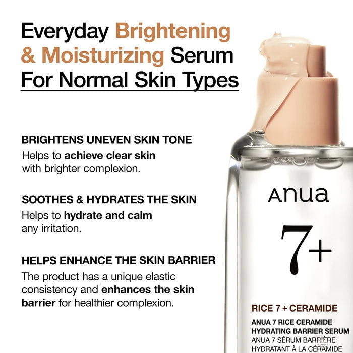Anua 7+ skincare serum bottle with product description text on a white background