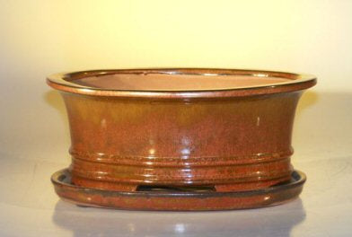 Aztec Orange Ceramic Bonsai Pot - Oval-Professional Series with Attached Humidity/Drip tray-10.75 x 8.5 x 4.125