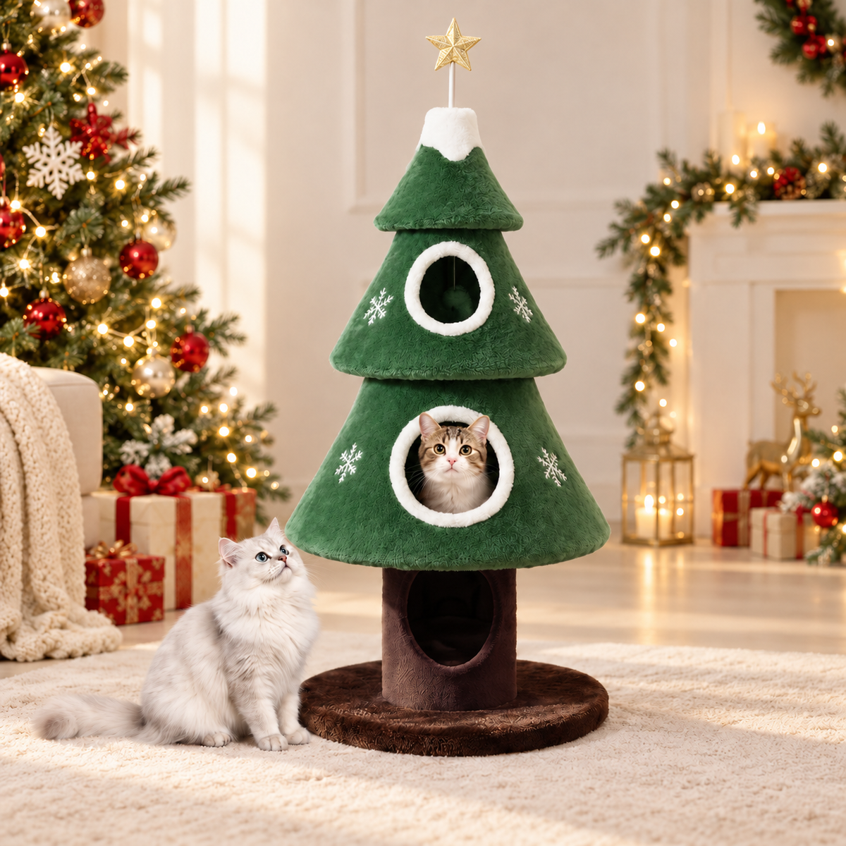 Christmas Tree Cat Tower – Cozy Multi-Level Cat Hideaway with Plush Nests & Interactive Hanging Toys