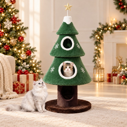 Christmas Tree Cat Tower – Cozy Multi-Level Cat Hideaway with Plush Nests & Interactive Hanging Toys