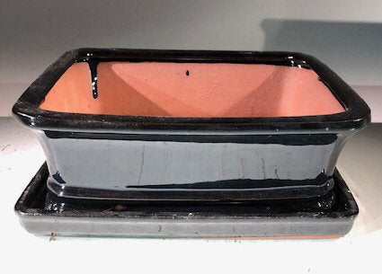 Black Ceramic Bonsai Pot - Rectangle-With Humidity Drip Tray-8 x 6 x 3