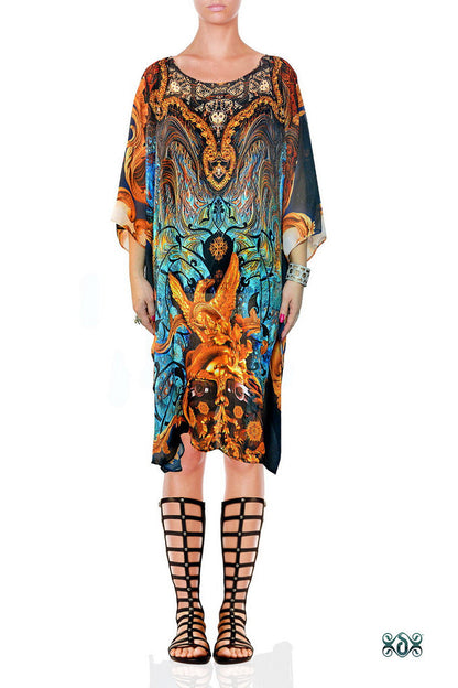Blue Decorous Pure Silk Kaftan, Crystals Embellished Caftan, Short Silk Kaftan - 1103A