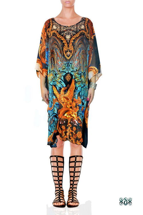Blue Decorous Pure Silk Kaftan, Crystals Embellished Caftan, Short Silk Kaftan - 1103A