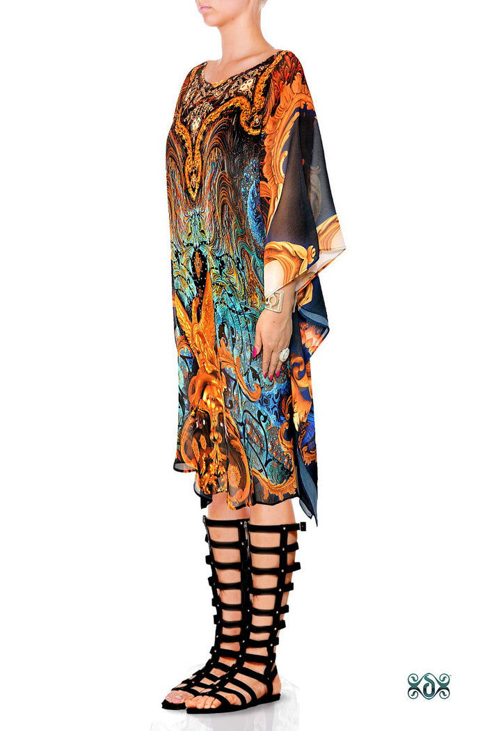 Blue Decorous Pure Silk Kaftan, Crystals Embellished Caftan, Short Silk Kaftan - 1103A