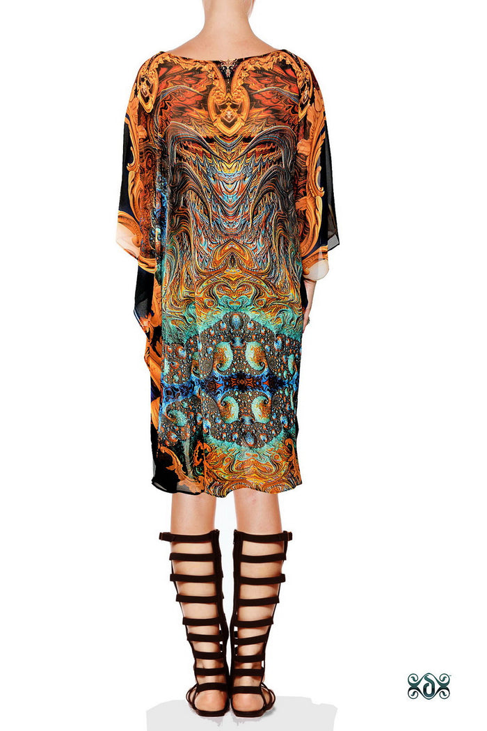 Blue Decorous Pure Silk Kaftan, Crystals Embellished Caftan, Short Silk Kaftan - 1103A