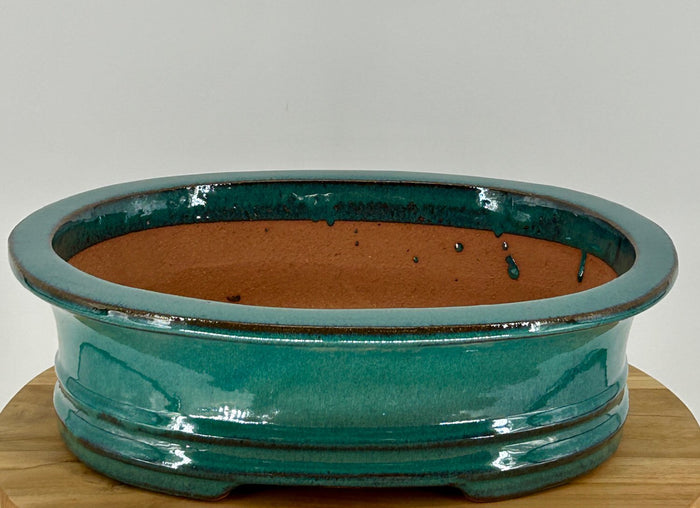 Blue / Green Ceramic Bonsai Pot - Oval -14.0 x 11.5 x 4.0