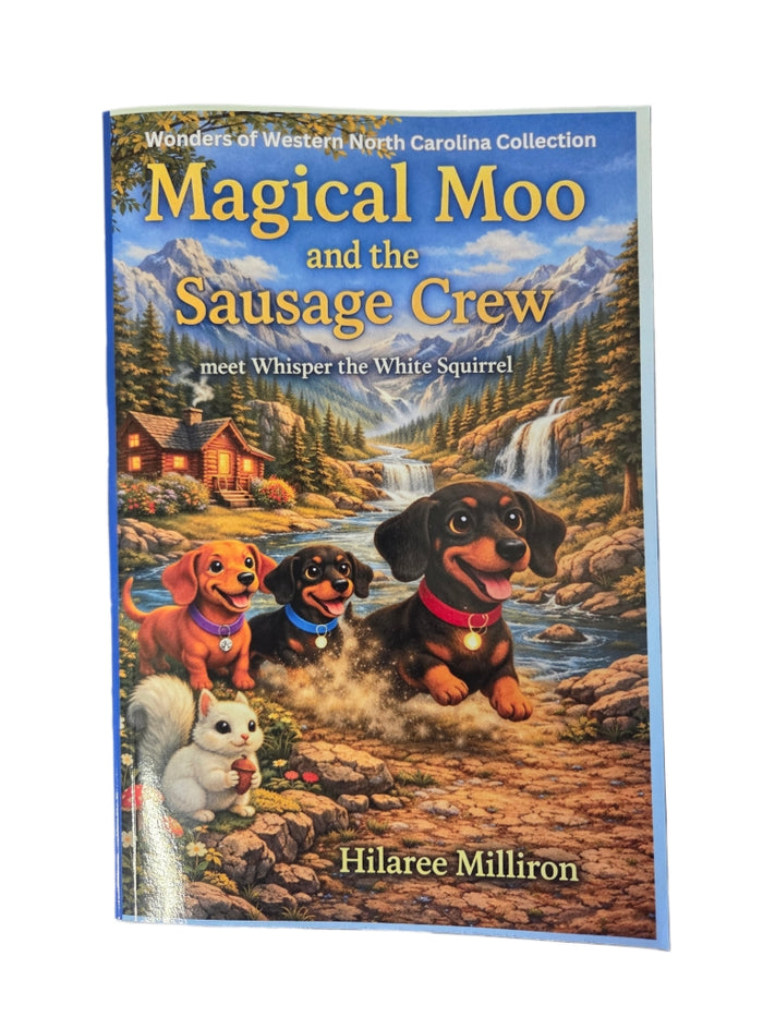 Magical Moo and the Sausage Crew Meet Whisper the White Squirrel children's book cover featuring dachshund siblings