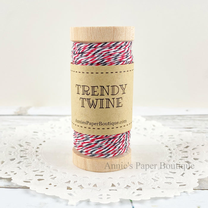 Cherry Midnight Petite Trendy Twine. Red, white, and black twine on a wooden spool.