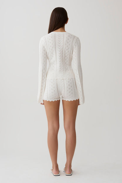Darlene Pointelle Knit Long Sleeve Top - White