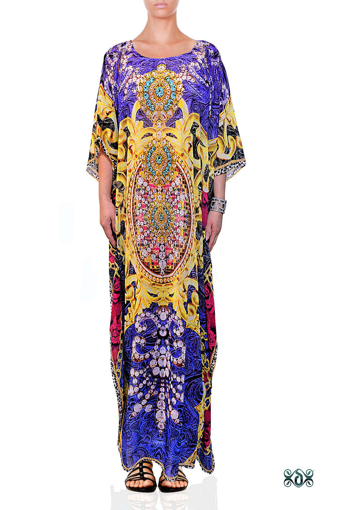 Devarshy Blue Digital Print Baroque Design Ornate Long Embellished Designer Kaftan - 1095A , Apparel - DEVARSHY, DEVARSHY
 - 1