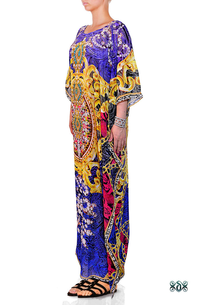 Devarshy Blue Digital Print Baroque Design Ornate Long Embellished Designer Kaftan - 1095A , Apparel - DEVARSHY, DEVARSHY
 - 2