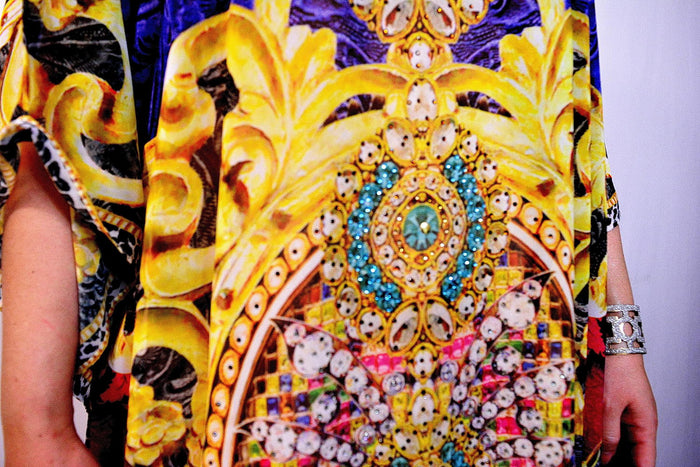 Devarshy Blue Digital Print Baroque Design Ornate Long Embellished Designer Kaftan - 1095A , Apparel - DEVARSHY, DEVARSHY
 - 4