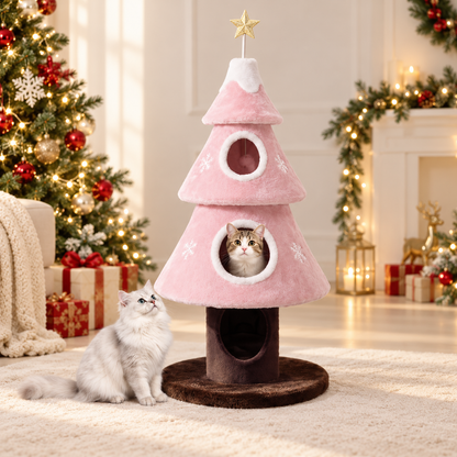 Christmas Tree Cat Tower – Cozy Multi-Level Cat Hideaway with Plush Nests & Interactive Hanging Toys