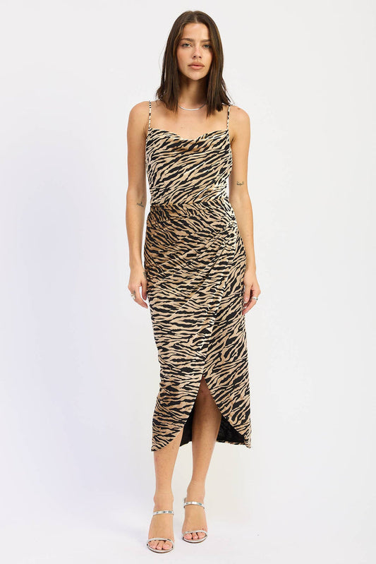 Gathered Midi Zebra Print Dress