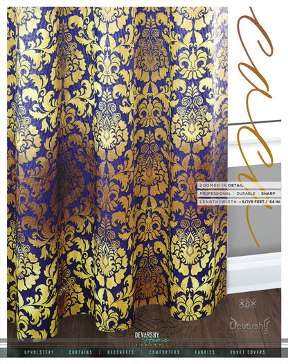 Gold Damask Pattern Blue Curtain Panel. 12 Fabric Options. Made to Order. Heavy And Sheer.  100283