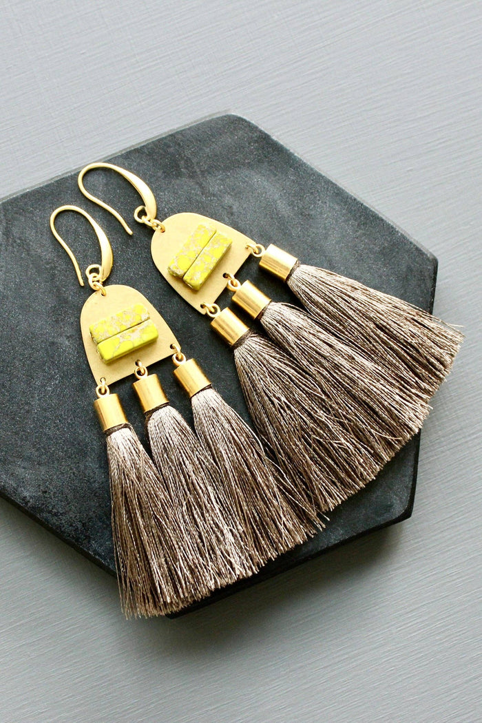Green Jasper & Taupe Tassel Earrings