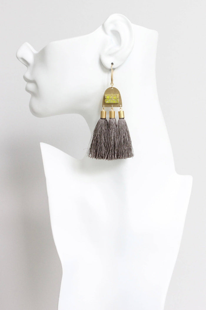 Green Jasper & Taupe Tassel Earrings