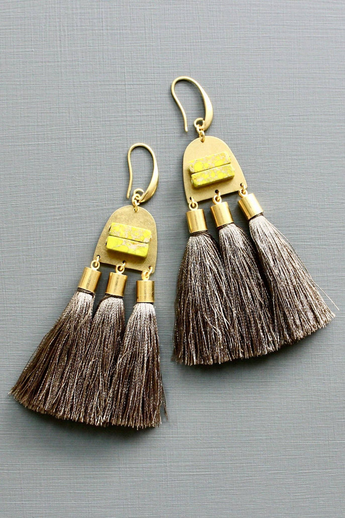 Green Jasper & Taupe Tassel Earrings