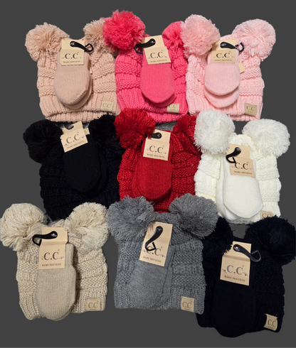 Hat - CC Baby Double Pom Pom Ribbed Design with Mitten Glove 0-9 months in Assorted Colors