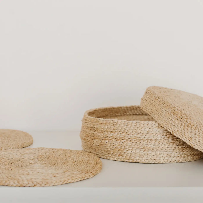 Jute Round Placemats - Set of Eight with Container