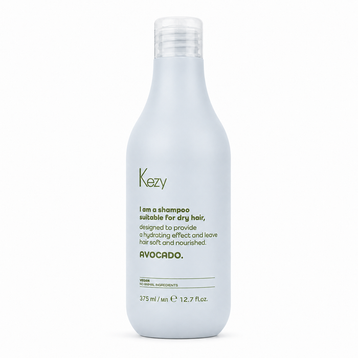 Kezy Avocado Shampoo 375ml for dry hair, professional hydrating vegan shampoo enriched with avocado to nourish, soften and restore moisture.
