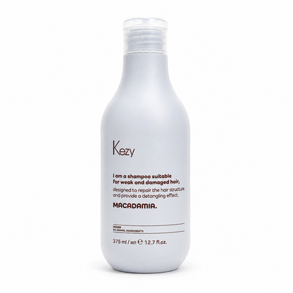 Kezy Macadamia Shampoo 375ml for weak and damaged hair, professional vegan repairing shampoo with macadamia to strengthen, detangle and restore healthy hair.
