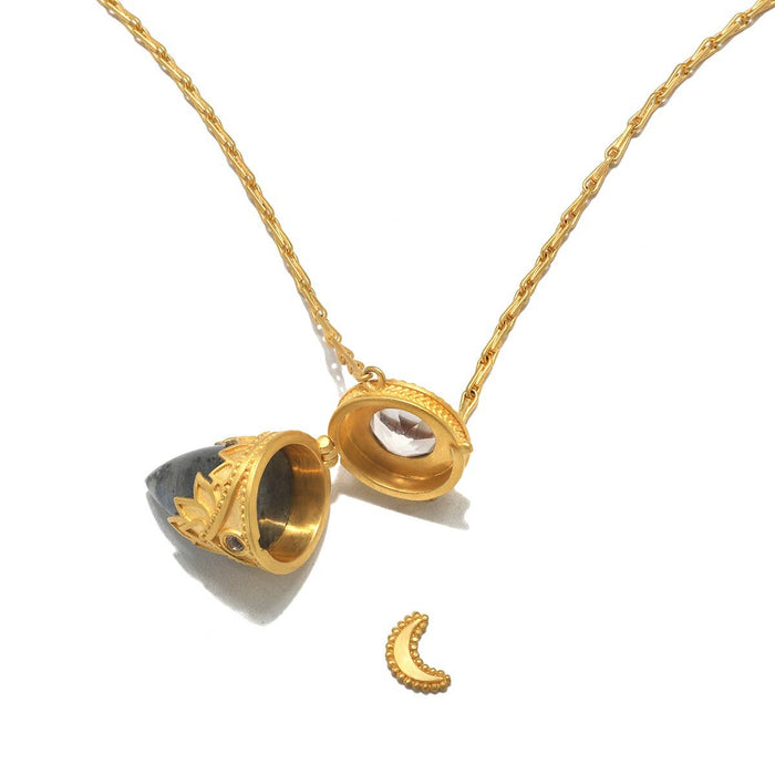 Labradorite Lotus Locket Necklace - 18"
