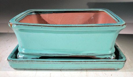 Light Blue Ceramic Bonsai Pot - Rectangle - With Humidity Drip Tray - 8" x 6" x 3"