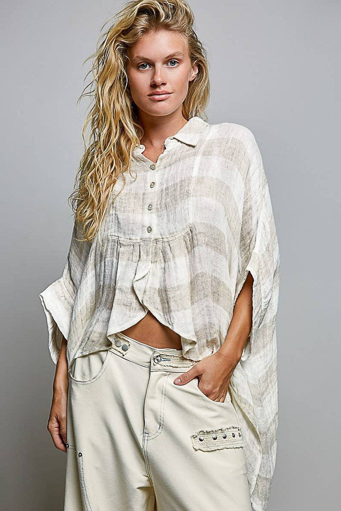 Lightweight Stripe Button-Front Woven Blouse