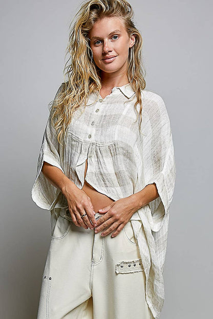 Lightweight Stripe Button-Front Woven Blouse