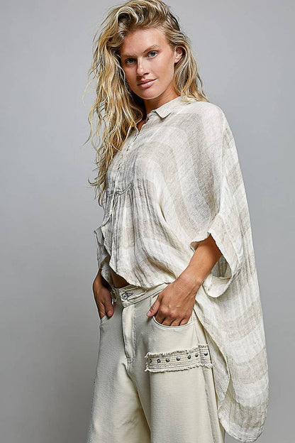 Lightweight Stripe Button-Front Woven Blouse