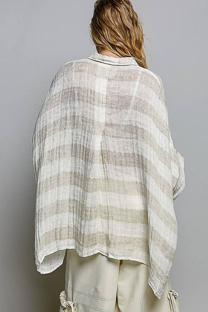Lightweight Stripe Button-Front Woven Blouse