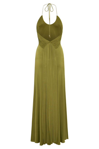 Maely Gathered Slinky Maxi Dress - Olive