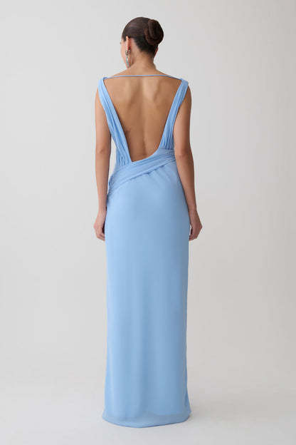 Marjorie Draped Back Chiffon Maxi Dress - Sky Blue