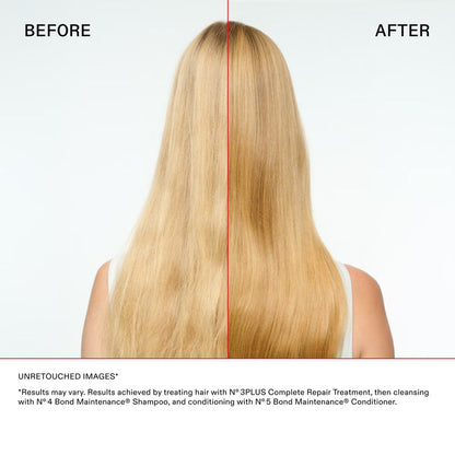 Olaplex No.3 Plus Complete Repair Treatment before and after using no.4 shampoo and no.5 conditioner on straight hair