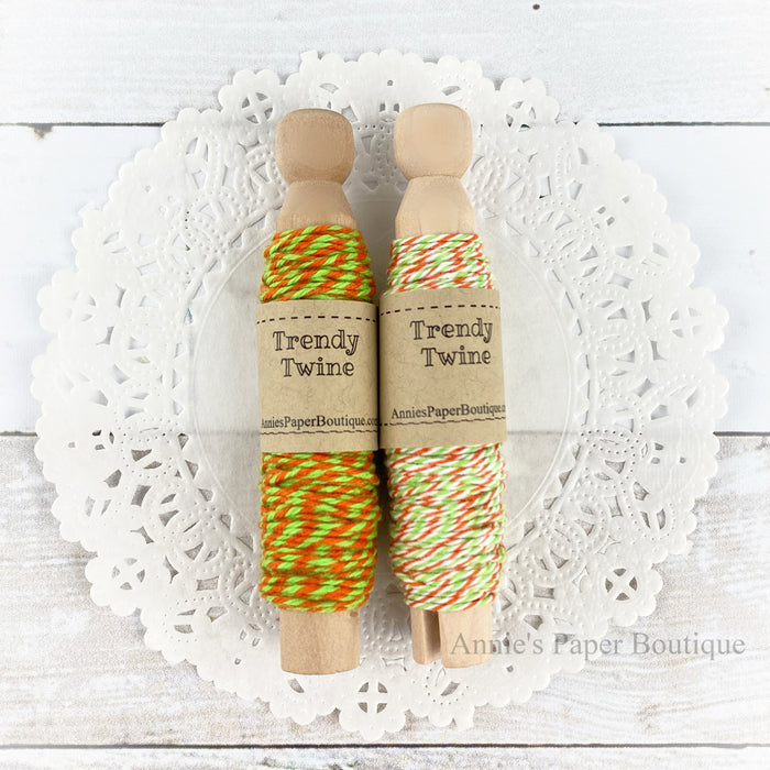 Orangesicle Limeade Trendy Twine Duo. Orange and Lime green twines on a wooden clothespin.
