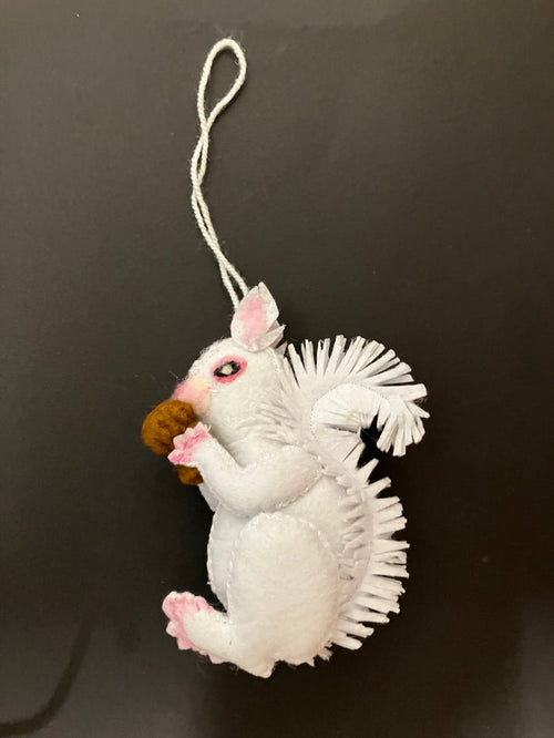 Ornament - Felt White Squirrel Holding an Acorn