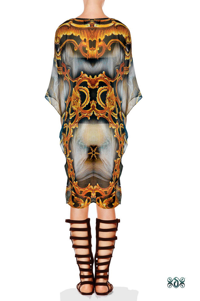 Ornate Grey Pure Silk Kaftan, Crystals Embellished Caftan, Short Baroque Kaftan - 1117D