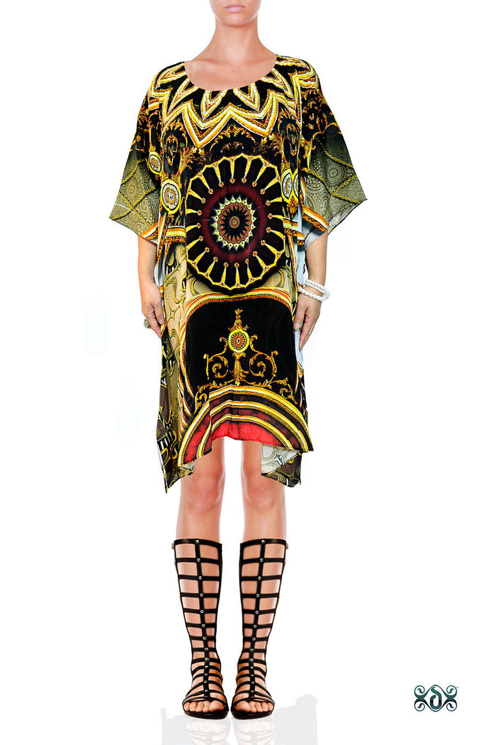 Ornate Mandala Pure Silk Kaftan, Short Embellished Caftan, Premium Silk Kaftan - 1109B
