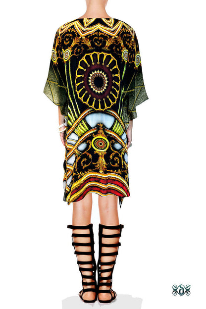Ornate Mandala Pure Silk Kaftan, Short Embellished Caftan, Premium Silk Kaftan - 1109B
