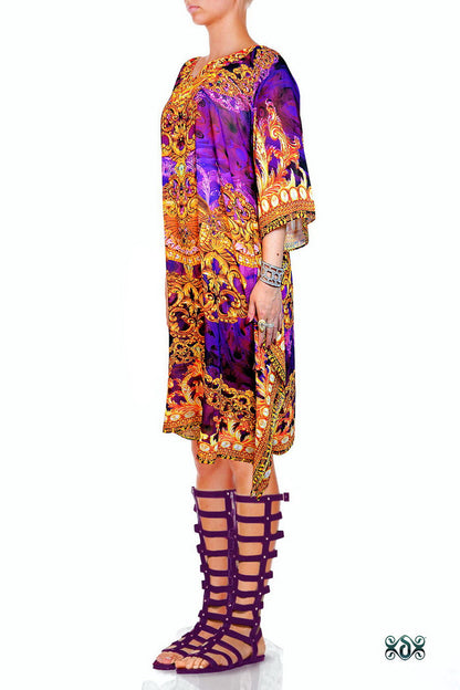 Ornate Violet Pure Silk Kaftan, Short Embellished Caftan, Short Silk Kaftan - 1068B