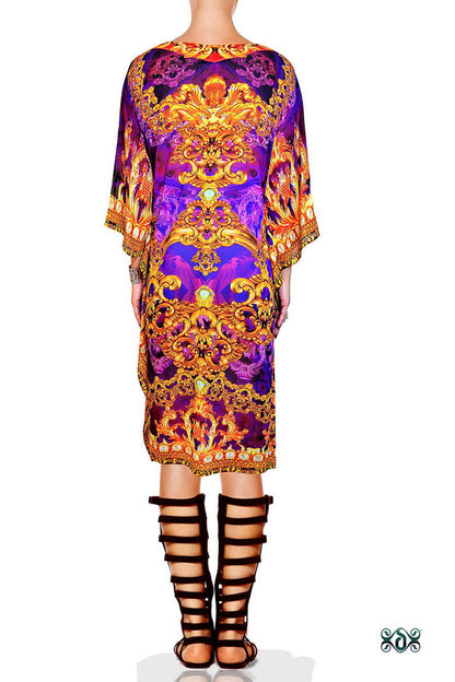 Ornate Violet Pure Silk Kaftan, Short Embellished Caftan, Short Silk Kaftan - 1068B